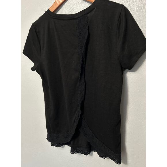 Lauren Conrad Black Short Sleeve Crew Neck Lace Trim Ruffle Open Back Tee Med - Picture 9 of 11